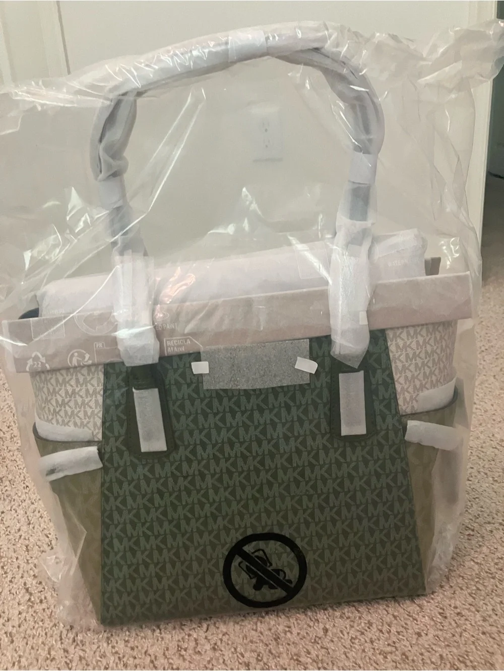 Michael Kors Green and Cream MK Logo Tote with Olive Side Panels